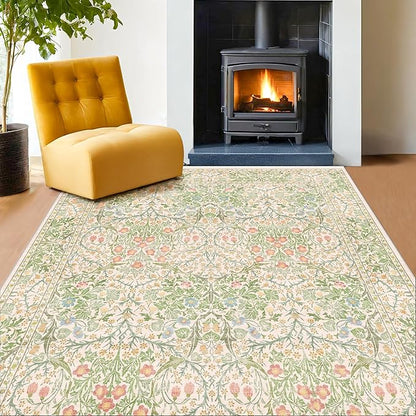 Hazo Haus Beige Green Bedroom Rug 5x7 Area Rug for Living Room, Vintage Washable Floral Rugs for Nursery, Dining Room, Light Green Non Slip Stain Resistance Distressed Retro Low Pile Floor Mat Indoor