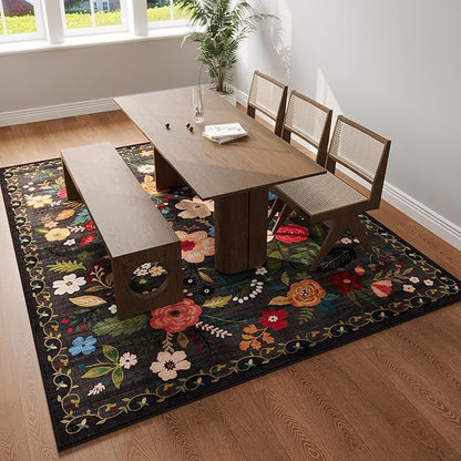 Rugcomf Area Rugs 9x12 Living Room Clearance Washable Boho Rug Non Slip Floral Vintage Low Pile Large Rug for Living Room, Bedroom, Farmhouse, Dining Room, Kids Playroom(Black)