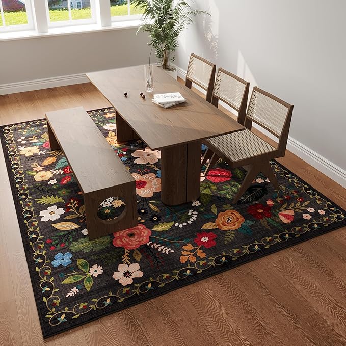 Rugcomf Area Rugs 8x10 Rug for Living Room Clearance Washable Boho Area Rug Non Slip Floral Vintage Low Pile Large Rug for Living Room, Bedroom, Farmhouse, Dining Room, Kids Playroom(Black)