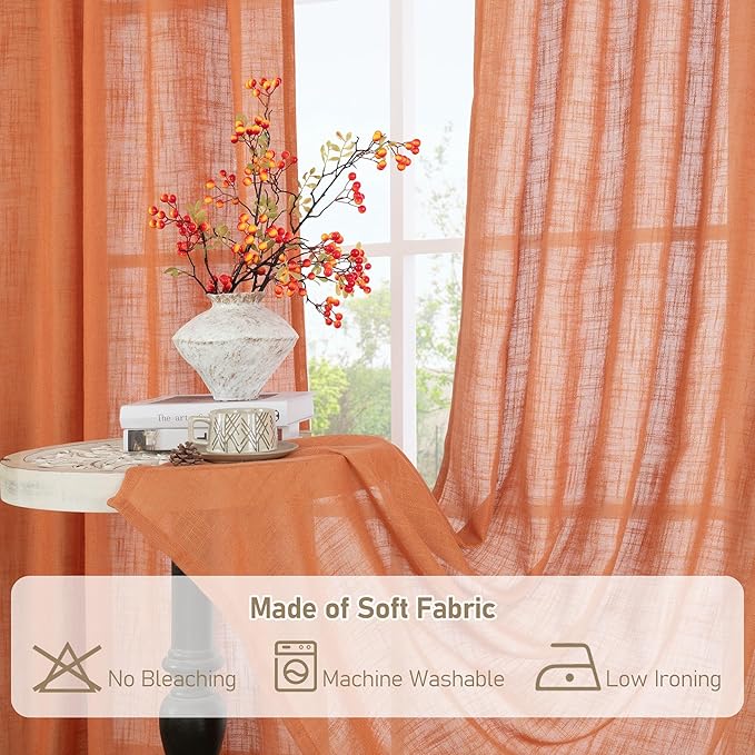 LAMIT Orange Linen Curtains 40 Inch Length, Semi Sheer Light Filtering Panels Back Tab and Rod Pocket Rust Country Decor Drapes for Small Windows/Kitchen, Burnt Orange, 2 Panels, 34 x 40 Inch