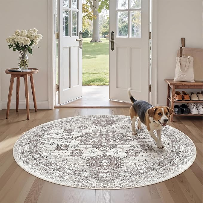zesthome Washable Round Area Rugs - Non-Slip 6ft Round Rugs, Ultra-Thin Large Circle Rugs for Living Room, Soft Low Pile Rug for Bedroom, Kitchen, Nursery - Vintage Round Rug(Brown/Beige,6'x6')