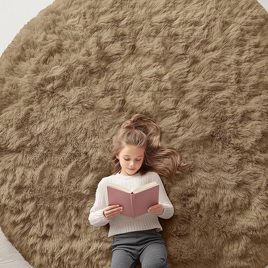 OLANLY Taupe Round Rugs for Bedroom - Machine Washable, 8 ft Circle Area Rugs for Living Room, Soft and Fluffy Shaggy Carpet for Teen Girl and Boys, Nursery Rooms, Dorms, Home Decor Aesthetic
