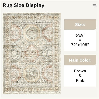 6x9 Area Rug for Living Room Washable 6x9 Non-Slip Modern Rugs for Bedroom Dinning Room Ultra-Thin Indoor Brown Pink
