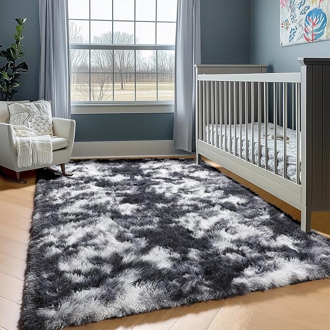ONASAR Black and White Area Rugs for Living Room, 5x8 Fluffy Bedroom Rug, Soft Plush Shag Floor Carpet for Nursery Kids Girls Boys Teen Baby Dorm Bedside Playroom Indoor Home Decor Aesthetic
