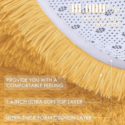 OLANLY Mustard Yellow Round Rugs for Bedroom - Machine Washable, 9 ft Circle Area Rugs for Living Room, Soft and Fluffy Shaggy Carpet for Teen Girl and Boys, Nursery Rooms, Dorms, Home Decor Aesthetic