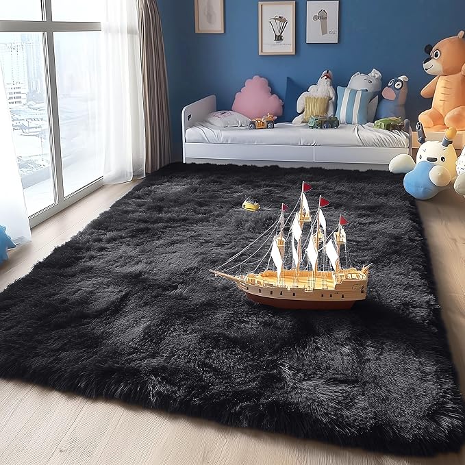 OLANLY 4x12 Area Rugs for Living Room Bedroom, Machine Washable Soft Fluffy Shaggy Bedside Rug, Indoor Floor Carpet for Kids Girls and Boys, Dorms, Nursery Rooms, Home Decor Aesthetic, Black
