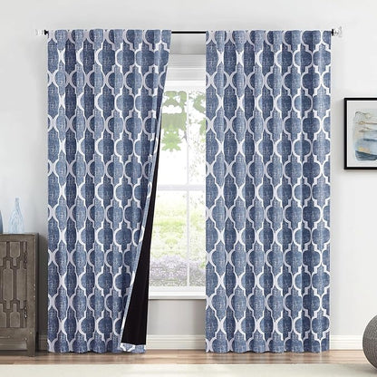 Beauoop 100% Blackout Curtains 96 Inches Long 2 Panels for Bedroom Living Room Blue Moroccan Geo Room Darkening Thermal Insulated Soundproof Rod Pocket Back Tab Window Treatments Drapes, 50x96