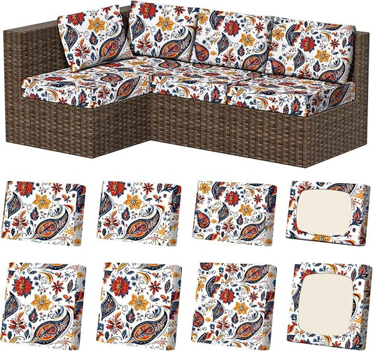 8Pcs Stretch Patio Cushion Covers, Outdoor Couch & Sofa Replacement Slipcovers for Patio Furniture Cushion Covers, Washable Reusable Furniture Protector
