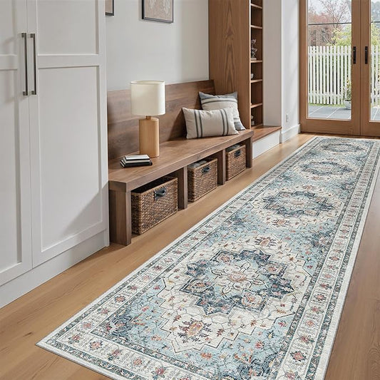 Madane Hallway Runner Rug 2'6''x12' Kitchen Runner, Non Slip Vintage Runners for Hallways Washable Kitchen Rugs Soft Low Pile 2.5x12 ft Rug Runner for Laundry Room, Entryway and Bedroom, Blue