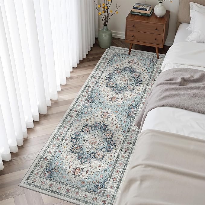 Madane Washable Runner Rug - 2x6 Rug Runners for Hallways 6 Feet Non Slip Vintage Kitchen Runner Rug Ultra-Thin Bathroom Runner Rugs Carpet Laundry Room Bedroom (2x6ft, Blue)