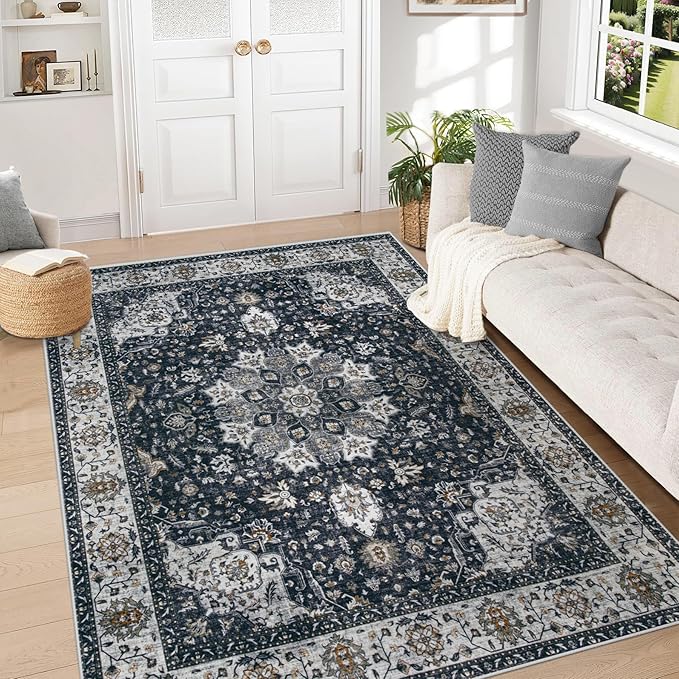 Area Rug 5x7 Washable Rug, Vintage Boho Medallion Rugs Non-Slip Soft Low Pile Large Distressed Rug Indoor Retro Carpet for Living Room Bedroom Dining Room Home Office (Vintage Black, 5'x7')