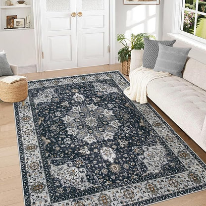 Area Rug 5x7 Washable Rug, Vintage Boho Medallion Rugs Non-Slip Soft Low Pile Large Distressed Rug Indoor Retro Carpet for Living Room Bedroom Dining Room Home Office (Vintage Black, 5'x7')