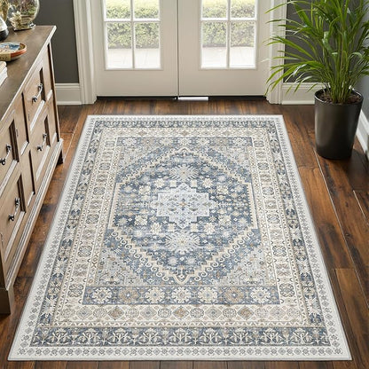 3x5 Washable Area Rug for Entryway, Kitchen Rugs Non Slip for Dining Room, Vintage Floral Soft Living Room Rug, Thin Area Rug Indoor for Bedroom, Kids Room Decor(Blue/Beige,3'x5')