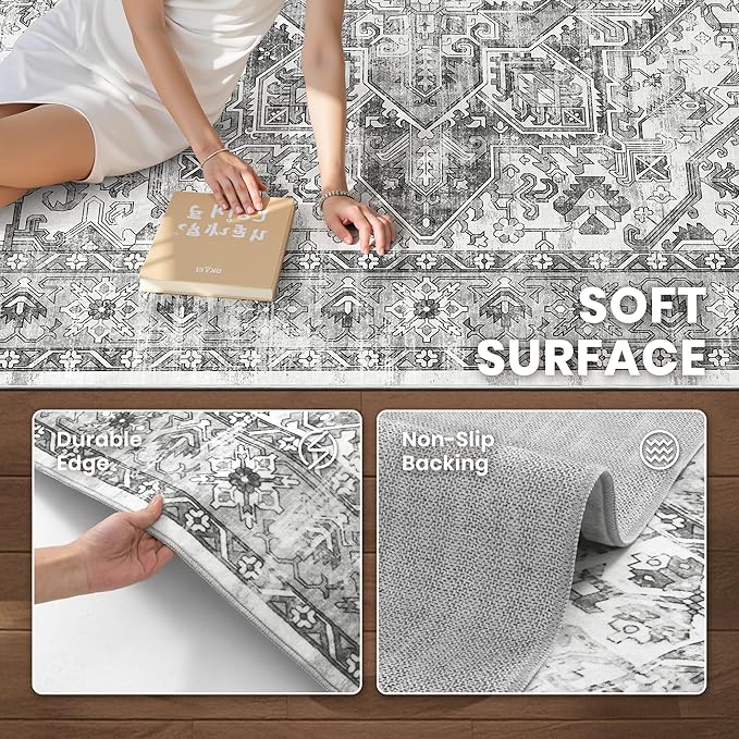 zesthome 6x9 Area Rug, Super Soft Washable Rugs for Living Room, Non-Slip Stain Resistant Vintage Rugs, Ultra-Thin Large Area Rugs (Grey/White,6'x9')