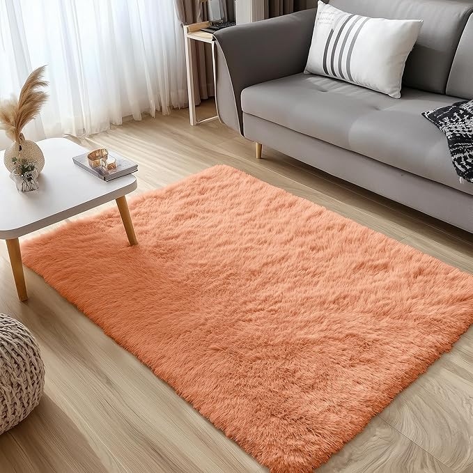 OLANLY 3x5 Machine Washable Small Bedside Rug, Soft Fluffy Shaggy Rugs for Living Room, Bedroom, Indoor Floor Carpet for Kids Girls and Boys, Preppy Dorms, Nursery, Home Decor Aesthetic, Muted Orange