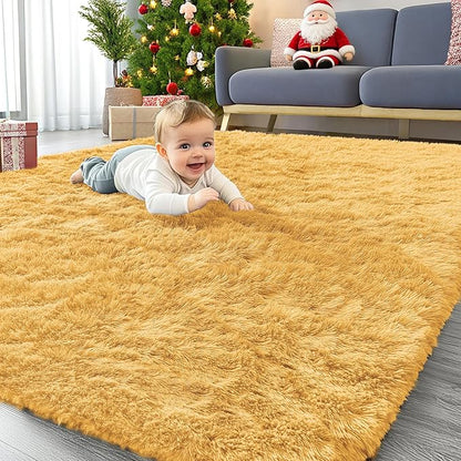 OLANLY Area Rugs for Living Room Bedroom, Machine Washable 4x5.9 ft Soft Fluffy Shaggy Bedside Rug, Indoor Floor Carpet for Kids Girls and Boys, Dorms, Nursery Rooms, Home Decor, Mustard Yellow