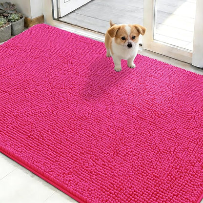OLANLY Dog Door Mat for Muddy Paws 50x30, Absorbs Moisture and Dirt, Absorbent Non-Slip Washable Doormat, Quick Dry Chenille Mud Mat for Dogs, Entry Indoor Entryway Carpet for Inside Floor, Hot Pink