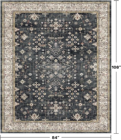 Hazo Haus Boho Dining Room Rugs for Under Table - 7x9 Washable Black Area Rug for Living Room, Low Pile Non-Slip Rugs for Bedroom Under Bed - Charming Farmhouse Decor & Stain Resistance - Black/Multi