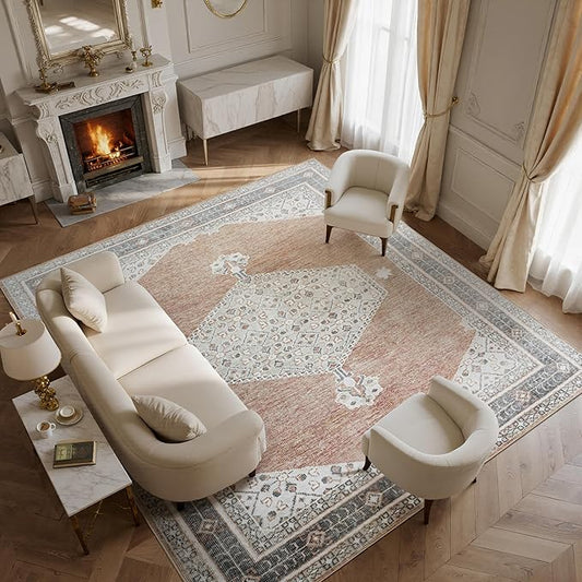 Washable Rugs 8x10 Area Rugs for Living Room,Bedroom,Dining Room- Soft Low Pile Stain-Resistant Carpet with Non-Slip Rubber Backing,Large Vintage Area Rug for Nursery Home Office Decor