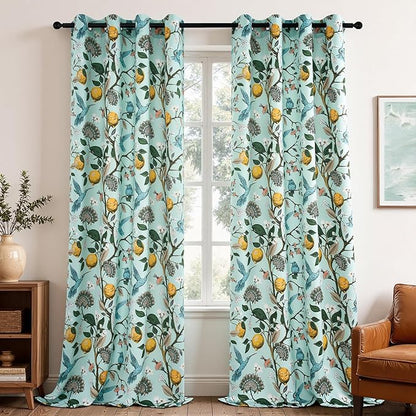 Topfinel 96 Inches Long Floral Curtains Unique Cottagecore Whimsical Vintage Pretty Fun Floral Hummingbird Patterned Double Sided Grommet Green Print Drapes Two Pages for Bedroom Living Room Dining