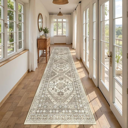 Runner Rug 2x10, Ultra-Thin Kitchen Rugs Non Slip Washable Rugs for Entryway Rug, Kitchen Runner Low Pile Vintage Soft Carpets for Living Room, Bathroom Bedroom (Brown,2'x10')
