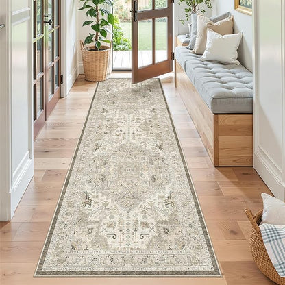 Madane Washable Runner Rug 2x7, Hallway Laundry Room Kitchen, Non Slip Rug Runners with Rubber Backing, Non Skid Stain-Resistant Non Shedding Durable Vintage Runners (2'x7', Ivory/Brown)