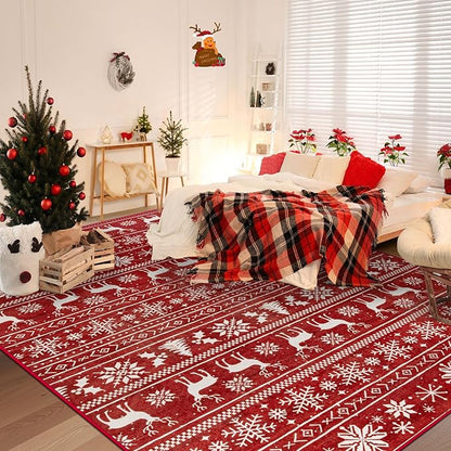 Christmas Rug 8x10 Washable Rugs, Boho Christmas Tree Snowflake Rug Non-Slip Soft Low Pile Non Shedding Indoor Holiday Carpet for Living Room Bedroom Dining Room Home Office (XmasRed, 8'x10')