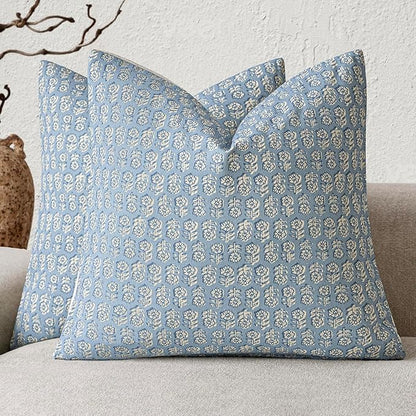 Foindtower Set of 2 Decorative Vintage Floral Print Throw Pillow Covers Neutral Modern Farmhouse Cushion Covers Boho Home Decor for Sofa Chair Couch Bedroom Living Room Outdoor,18×18 Inch,Powder Blue