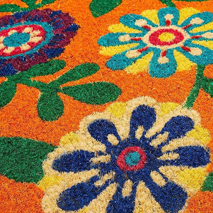 Juvale Floral Coir Door Mat - 17 x 30 in, Natural & Modern - Outdoor Welcome Mat for Front Door & Patio with PVC Backing