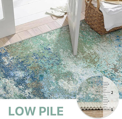 2x3 Rugs for Entryway Entrance Kitchen Bathroom, Machine Washable Rug Modern Abstract Soft Area Rug, Low Pile Indoor Floor Carpet with Non Slip Backing, Blue Green