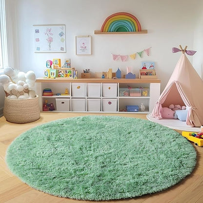 ONASAR Sage Green Round Area Rug 4ft, Fluffy Soft Bedroom Circle Rugs for Kids Girls Boys Teen Dorm Room, Cute Furry Plush Shaggy Carpet for Nursery Living Room Playroom Christmas Home Decor