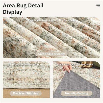 10x14 Area Rugs for Living Room, Non Slip Machine Washable Vintage Rugs, Low Pile Lightweight Large Rug for Bedroom, Dining Room, Home Office Brown Pink