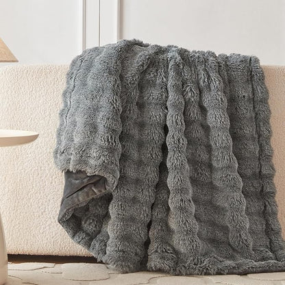 COOVA Faux Fur Throw Blanket for Couch, Cozy Soft and Fuzzy Plush Rabbit Fur Bubble Blanket for Sofa Bedroom Living Room, 50x60 Inches Cationic Light Grey