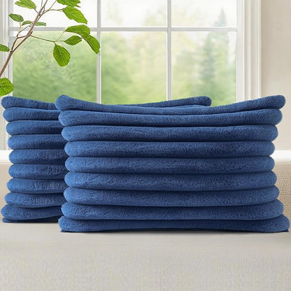 decorUhome Cozy Faux Fur Throw Pillow Covers 12x20 Set of 2 Decorative Soft Plush Striped Lumbar Modern Farmhouse Boho Couch Pillow Cases with Velvet Back for Sofa Bed Living Room, Blue
