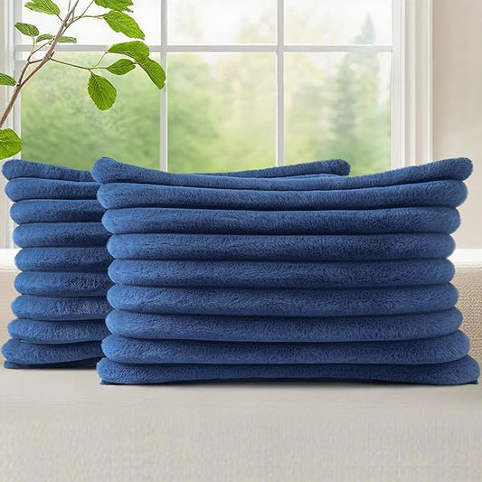 decorUhome Cozy Faux Fur Throw Pillow Covers 12x20 Set of 2 Decorative Soft Plush Striped Lumbar Modern Farmhouse Boho Couch Pillow Cases with Velvet Back for Sofa Bed Living Room, Blue