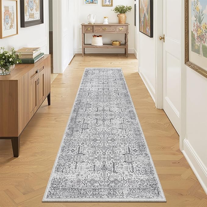2x6 Hallway Washable Runner Rug - Soft Non Slip Vintage Rugs for Entryway Low-Pile Farmhouse Neutral Kitchen Runners Living Room Floor Mat Stain Resistant Distressed Carpet for Bedroom Bathroom Grey