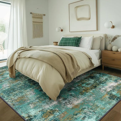BEIMO Machine Washable Rug 5x7 Area Rugs for Living Room Bedroom, Large Turquoise Abstract Area Rug Soft Throw Rugs, Low-Pile Floor Carpet with Non Slip Rubber Backing
