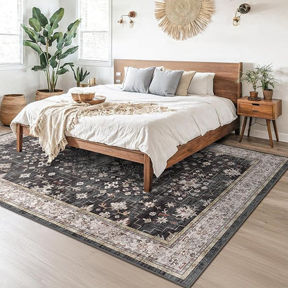 Black Boho Rug for Living Room 8x12 - Washable Dining Room Rugs for Under Table, Vintage Soft Low Pile Carpet for Bedroom, Non-Slip Farmhouse Bohemian Large Thin Carpet for High Traffic Area