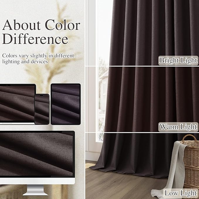 Guken 100% Blackout Curtains 84 Inch Length 2 Panels Set for Living Room Bedroom Back Tab Thermal Insulated Black Out Linen Drapes Room Darkening Cocoa Coffee,52x84