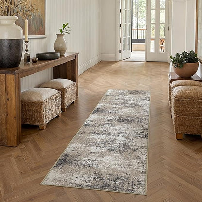 2x6 Abstract Runner Rug Brown Washable Modern Hallway Carpet Non Slip Ultra Soft Neutral Low Pile Contemporary Long Rug for Bathroom Laundry Kitchen Bedroom