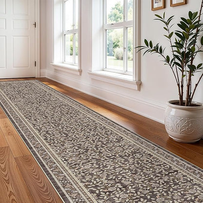 TOPRUUG 2x12 Washable Runner Rug - 12ft Runners for Hallway Non Slip Kitchen Rugs Soft Low Pile Carpet for Bedroom Bathroom Entryway - Stain Resistant Vintage Home Decor (Floral Charcoal, 2X12)