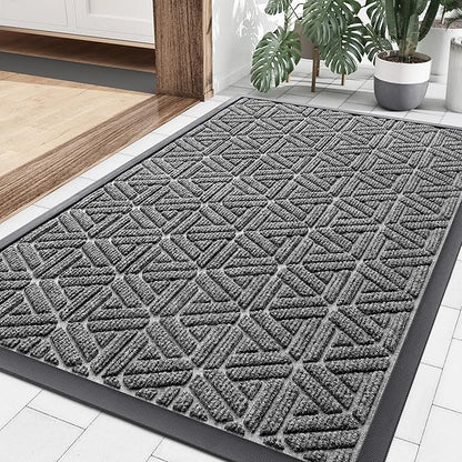 Smiry Front Door Mat Outside Entrance, Heavy Duty Sturdy Natural Rubber Doormat, Trap Dirt and Moisture, Easy Clean Low Profile Mats for Indoor Outdoor Entry, Grid Geometric (35x23, Silver Grey)