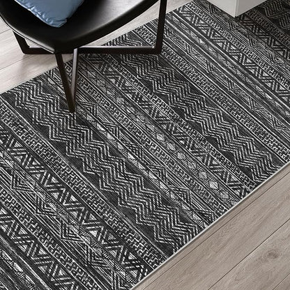 2x6 Washable Hallway Runner Rug - Moroccan Non-Slip Indoor Table Long Runners for Entryway Soft Low Pile Neutral Rugs for Kitchen Waterproof Geometric Carpet for Bedroom Bathroom Laundry 2x6 Black