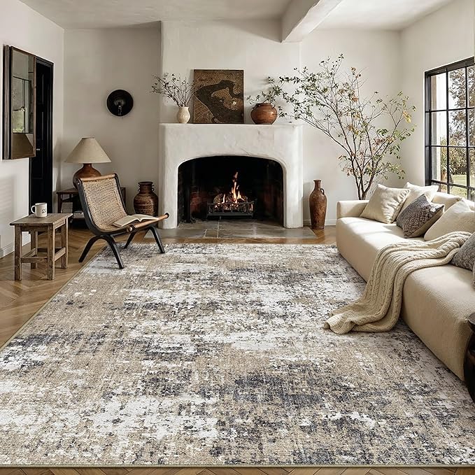 6x9 Abstract Area Rug Brown Washable Modern Neutral Living Room Carpet Non Slip Ultra Soft Low Pile Contemporary Bedroom Large Rug Indoor Office Dining Room Under Table Playroom