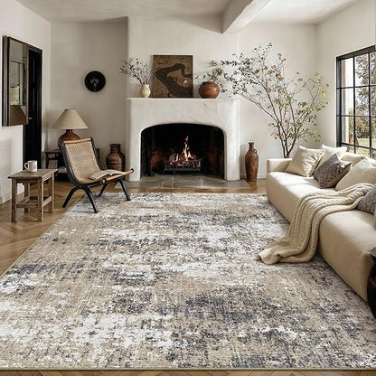 6x9 Abstract Area Rug Brown Washable Modern Neutral Living Room Carpet Non Slip Ultra Soft Low Pile Contemporary Bedroom Large Rug Indoor Office Dining Room Under Table Playroom