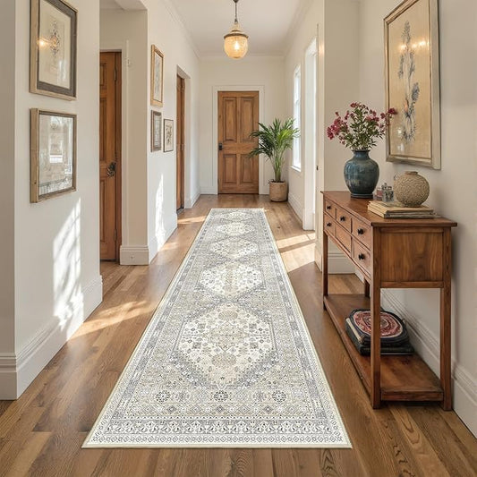 Carpet Runners for Hallway 12ft, Non-Slip Long Bathroom Rugs Runner for Kitchen, Living Room, Bedroom, Soft Vintage Washable Rug for Entryway, Thin Floor Mat for Dining Room(Beige,2.5'x12')