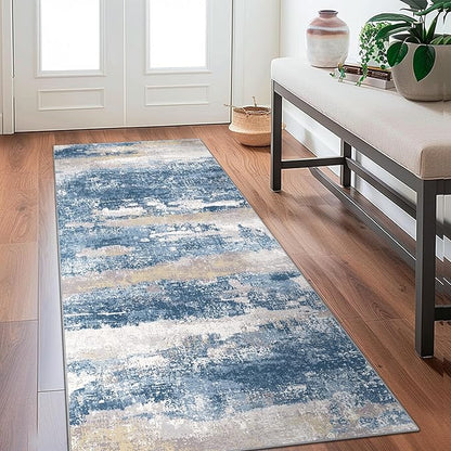 BEIMO Runner Rug for Hallway Kitchen 2x8 Machine Washable Runners Rug for Entryway, Blue Cream Soft Modern Abstract Throw Rugs, Floor Carpet with Non Slip Rubber Backing