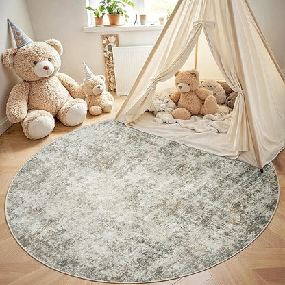 Round Rug 5ft Circle Rug Washable: Carpet Small Circular Area Rug for Entryway Kitchen Bedroom Dining Room Living Room 5 Feet Abstract College Dorm Non Slip Low Pile Beige Brown