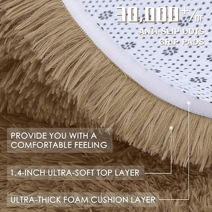 OLANLY Taupe Round Rugs for Bedroom - Machine Washable, 9 ft Circle Area Rugs for Living Room, Soft and Fluffy Shaggy Carpet for Teen Girl and Boys, Nursery Rooms, Dorms, Home Decor Aesthetic