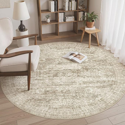 Soalmost 5x5 Brown Round Rug 5ft Living Room Circle Rug Vintage Round Area Rug Non Slip Indoor Carpet for Entryway Dining Room Bedroom